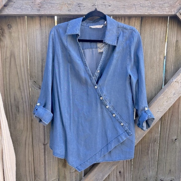 Soft Surroundings Tops - Soft Surroundings Washed Tencel Chambray Asymmetrical Button Front Blouse